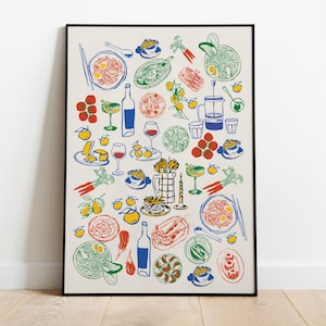 Retro dinertafel art Print, eten en drinken illustraties poster, Maximalist Kitchen Gallery Wall Art, appartement decor, barwagen Art Print