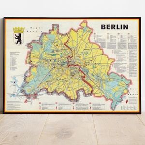 Berlin Mauer Poster - Vintage Kalter Krieg Karte Druck, Geteilte Ost und West Deutschland Kunst, Retro 1980er Jahre Berlin Dekor & Reise Wandkunst