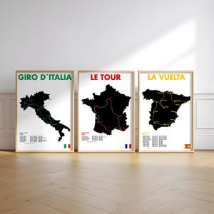 Lot de 3 impressions d'art de carte cycliste - affiches du Tour de France, du Giro d'Italia, de la Vuelta a España - art rétro du vélo Grand Tour, décoration minimaliste