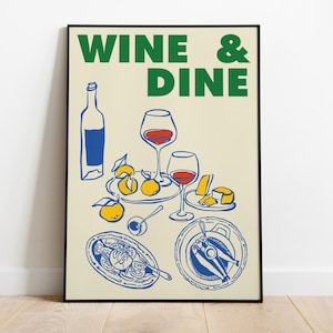Kleurrijke eetkamer kunstprint, Wine and Dine poster, wijnliefhebber cadeau, retro eten illustratie, keuken muurkunst, trendy barwagen print