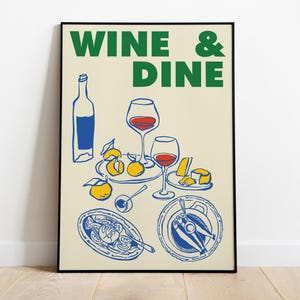Wine and Dine-poster – retro eten illustratie kunstprint, wanddecoratie eetkamer, moderne keukenprint, cadeau wijnliefhebber, trendy barkunst