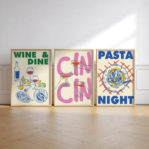 Wine and Dine, Cin Cin, Pasta Night art print set, retro Italian Food Art posters, kleurrijk modern keukendecor, eetkamergalerij