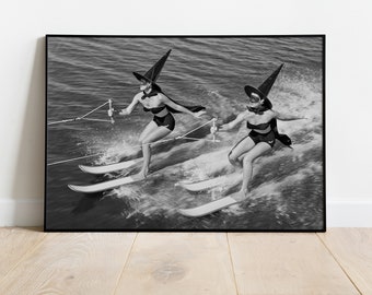 Retro Waterskiing Witches Poster: Mid-Century Halloween Art (Digital Printable)