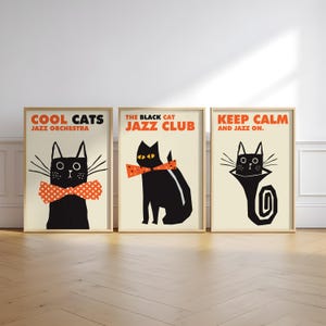 Cooles Katzen Katzen Poster Set, Schwarze Katze Wand Kunst Druck, Retro Jazz Club Kunst, Musik Zimmer Dekor, Lustige Katzen Poster, Geschenk für Jazz Liebhaber