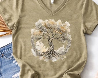 Watercolor Celtic Tree of Life Women's Tee, Boho Sacred Nature V-Neck Shirt, Spiritual Botanical Graphic Top, Relaxed Fit, Nature Lover