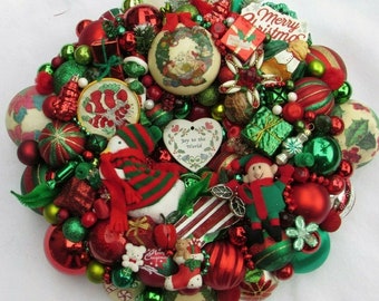 Vintage Christmas ornament wreath 19 Inch Red Green White Germany Glass