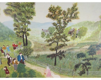Grandma Moses American Folk Art Print Mary And The Little Lamb Vintage 52581