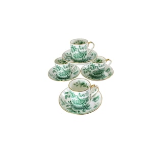 4 Foley Peony Green Demitasse Pair Cup Saucer England 66255 Bone China