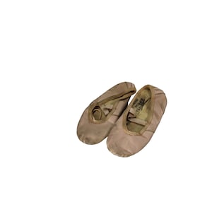 May include: A pair of well-worn, light pink ballet slippers. The shoes are made of a soft material, with elastic straps and a rounded toe. The soles show signs of wear and use. The interior of the right shoe has handwritten text.