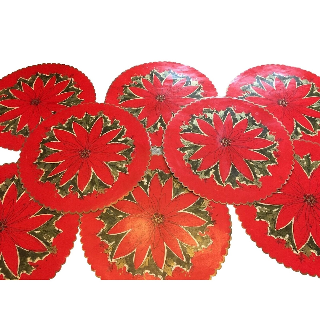 8 Vintage Round Paper Placemats Poinsettia Red Placemat Place Etsy