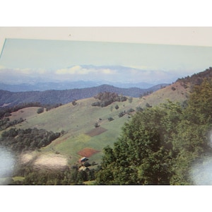 May include: A scenic view of rolling green hills with a small house in the distance. The hills are covered in trees and there are patches of farmland. The sky is blue and there are clouds in the distance.