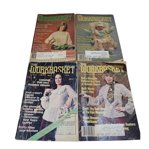 May include: Four vintage copies of The Workbasket magazine, a home arts magazine. The covers feature crocheted garments, knitting patterns, and craft projects. The magazines are from the 1970s.
