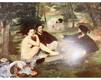 May include: A painting depicting a picnic scene in a park. Three figures are seated on the grass, with a woman partially nude. A basket of fruit and a woman in a white dress are also visible. The artwork is rich in color and detail.