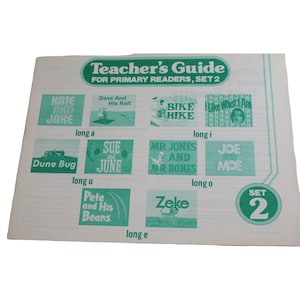 以下が含まれることがあります： 小学校の読者向けの教師用ガイド、セット2。ガイドには、12個のカラフルな正方形のグリッドが示されており、それぞれに異なる本のタイトルとイラストが描かれています。タイトルには、「ケイトとジェイク」、「デイブと彼のいかだ」、「バイクハイキング」、「私が好きなもの」、「デューンバグ」、「スーとジューン」、「ミスタージョーンズとミスターボーンズ」、「ジョーとモー」、「ピートと彼の豆」、「ゼイク」などがあります。ガイドには、「ロングa」、「ロングu」、「ロングi」、「ロングo」、「ロングe」という単語も含まれており、各本に含まれる母音の音を示しています。