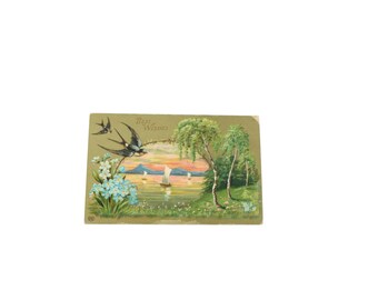 1909 Beste Wünsche Segelboote Vögel Antike Vintage Postkarte 94068