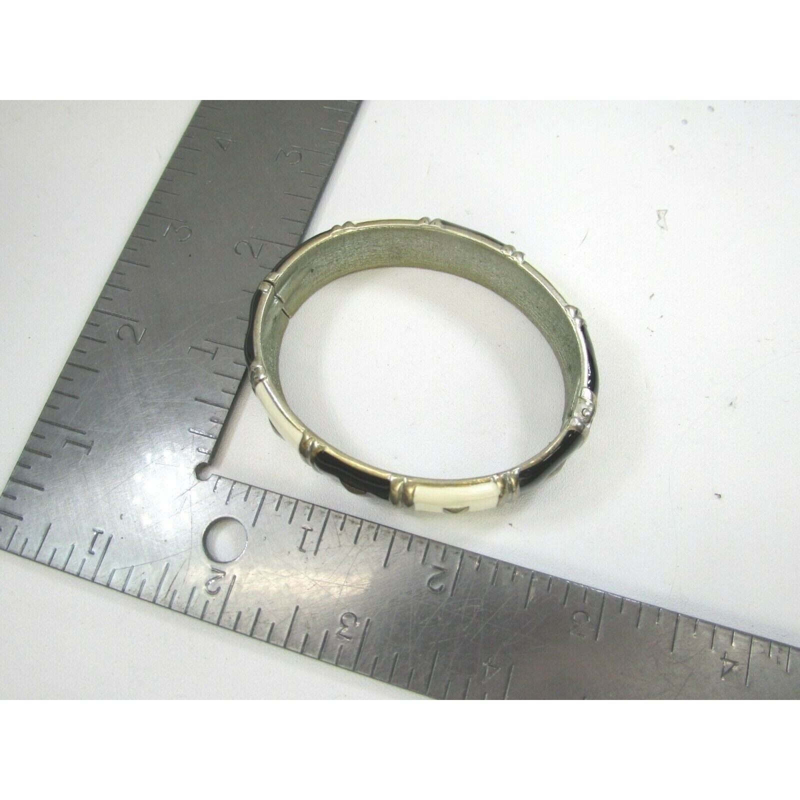 Vintage Enamel Bamboo Link Bangle Bracelet Black off White