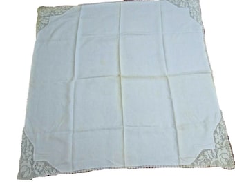 Vintage Linen Tablecloth Crochet Edge Cream