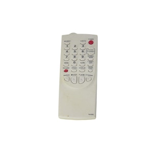 May include: A white remote control with a red power button and a variety of buttons for controlling a television or VCR. The buttons include numbers, channel up and down, menu, record, play, stop, rewind, fast forward, and more.