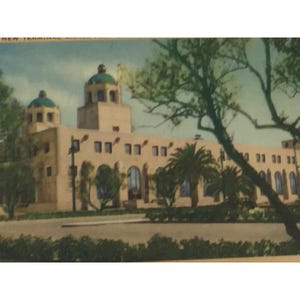 May include: Vintage postcard featuring a beige building with a central tower and two smaller side towers, all topped with green domes. Palm trees and other greenery frame the building, with a road and sky in the background. The text "NEW TERMINAL STATION" is visible.
