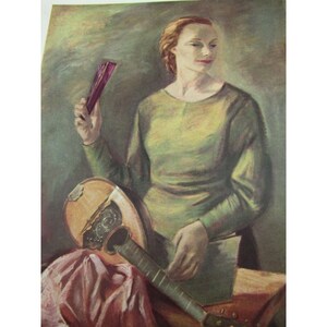 May include: A painting of a woman in a green dress holding a purple fan and a mandolin. The woman has red hair and is looking to the right. The background is a green and brown color.