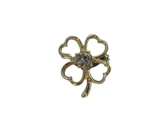 Four Leaf Clover Brooch Pin Goldtone Crystal Gold Tone 54768