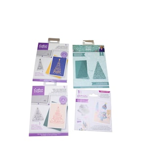 May include: Three packages of Christmas tree-themed die cuts for crafting. The packages are purple and white with images of the die cuts and sample cards. The die cuts are made of metal and are designed to be used with a die-cutting machine.