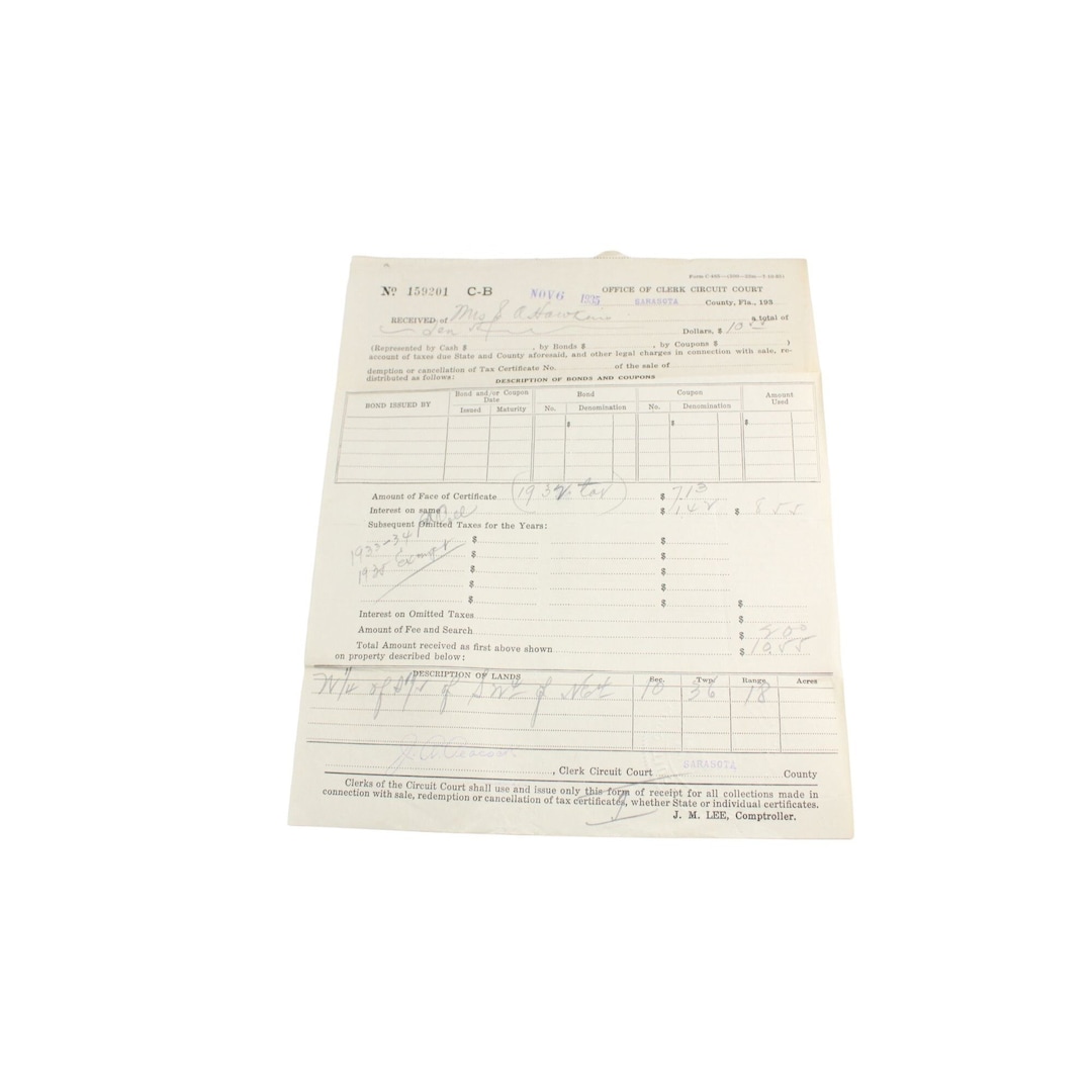 1935 Clerk of Court Real Estate Tax Receipt Sarasota County FL 88431