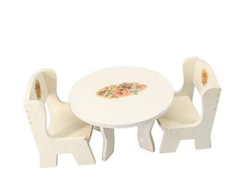 Doll Furniture Dining Room Table Chairs Floral Wood Wooden 94792