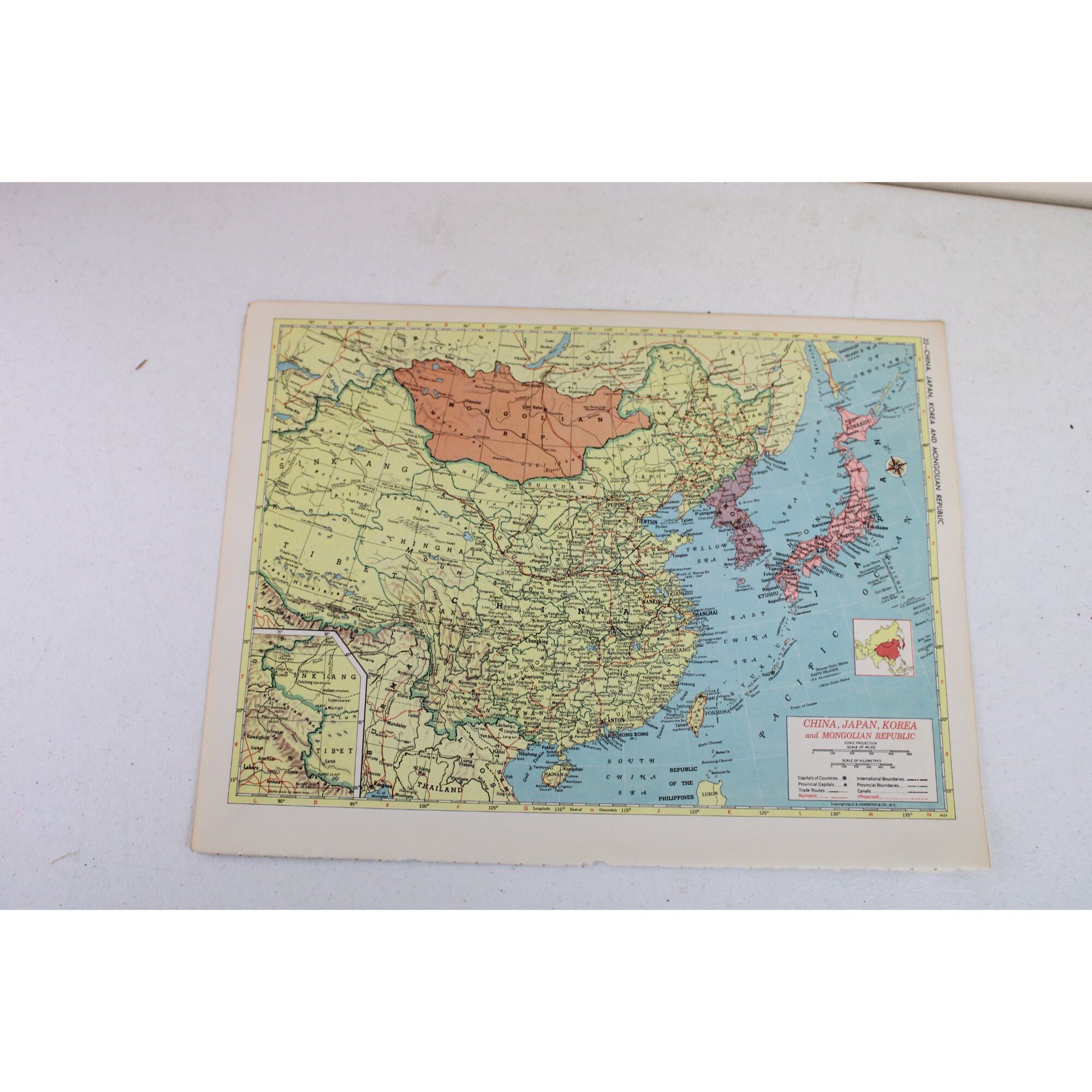 Southeast Asia China Japan Korea Mongolia Map Vintage World Atlas