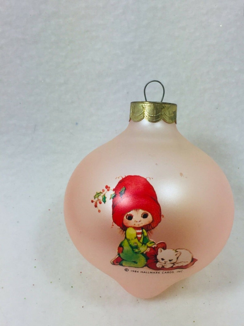 Vintage 1984 Hallmark Ornament Pink Gift of Friendship Girl Cat Big Eyes