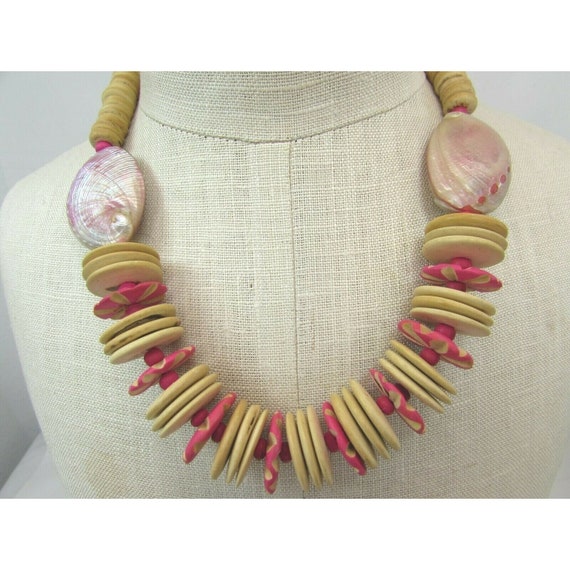 Wood & Shell Necklace Pink Beads Beaded 47293 - image 2