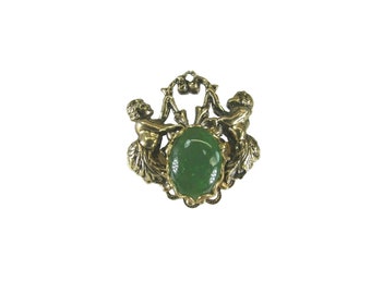 Vintage Faux Jade Crest Cherubs Goldtone Brooch Gold Tone 48966