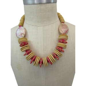 Wood & Shell Necklace Pink Beads Beaded 47293