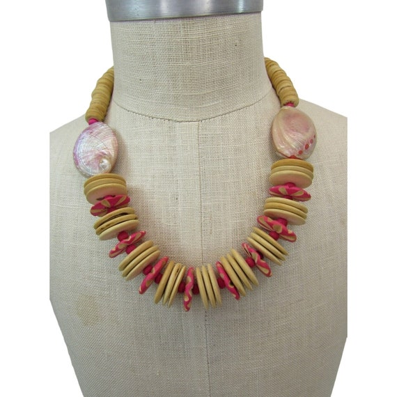 Wood & Shell Necklace Pink Beads Beaded 47293 - image 1