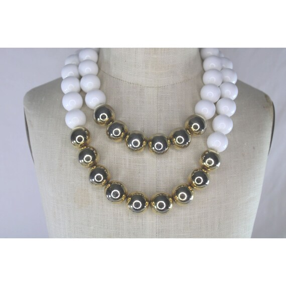 Chunky Beaded Necklace Double Strand White Gold V… - image 2