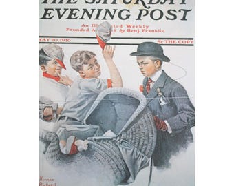 First Post Cover Magazine 1916 Boy w/ Pram Norman Rockwell Print Vintage 94286