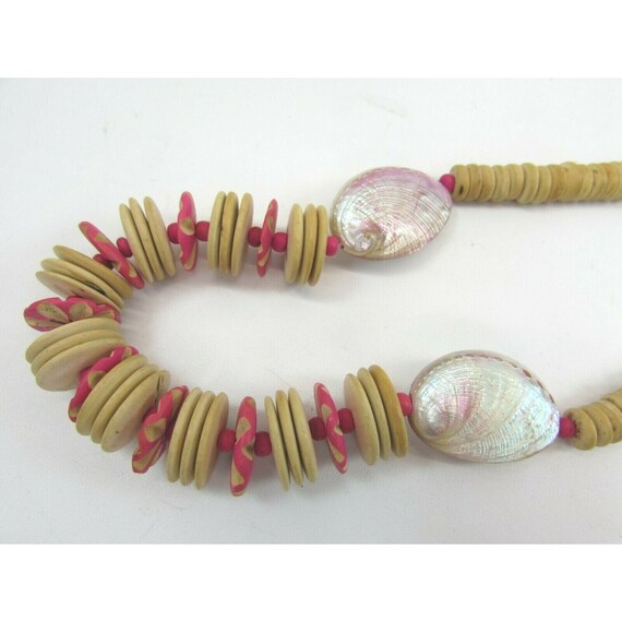 Wood & Shell Necklace Pink Beads Beaded 47293 - image 4