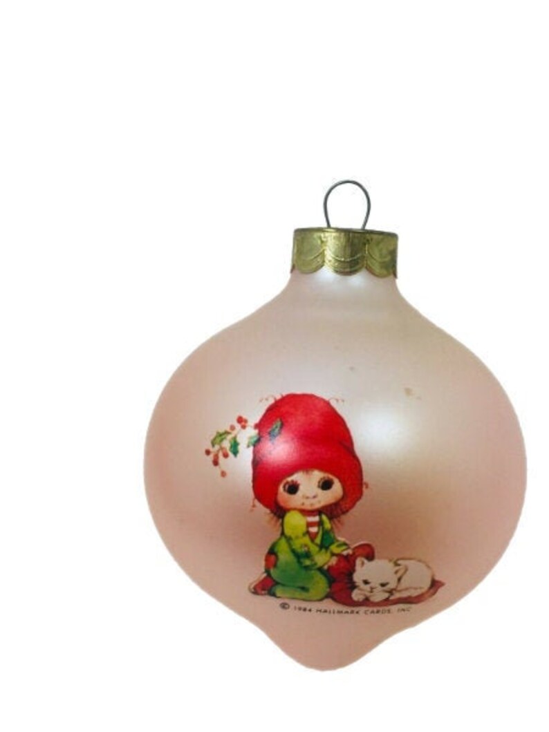 Vintage 1984 Hallmark Ornament Pink Gift of Friendship Girl Cat Big Eyes