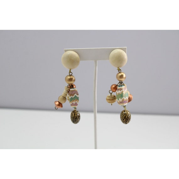 Hand painted Wood Beads Clip on Dangle Earrings E… - image 4