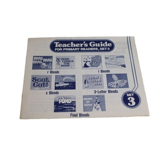 May include: Teacher's Guide for Primary Readers, Set 3. A black and white image of a guide for primary readers. The guide is divided into sections for different letter blends, including 'r blends', 's blends', 'l blends', and '3-letter blends'. Each section has a picture illustrating the blend.