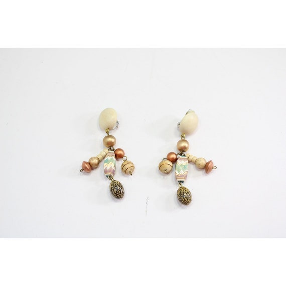 Hand painted Wood Beads Clip on Dangle Earrings E… - image 2