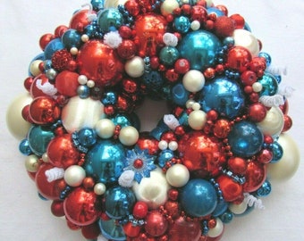 Vintage Christmas ornament wreath 18 Inch Red White Blue Germany Glass