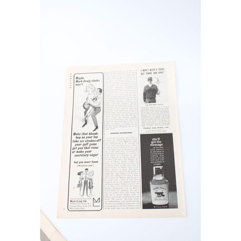 May include: A vintage magazine page featuring advertisements and illustrations. One ad shows a couple, with text that reads "Make that blonde hop on your lap." Another ad displays a bottle of "York Town" cologne. The page is aged with a white background.