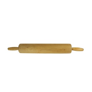 May include: A light-colored wooden rolling pin with two handles. The rolling pin is cylindrical and appears to be made of a single piece of wood. The handles are attached to the ends of the rolling pin.