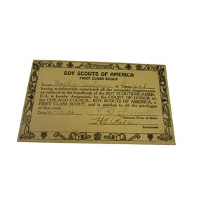 Vintage 1930 Boy Scouts of America First Class Scout Chicago Certificate 53416