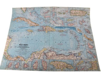 1962 National Geographic Map West Indies Vintage 94242