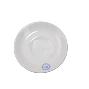 May include: White ceramic saucer with a blue and white logo in the center.
