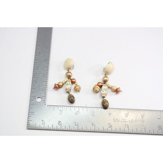 Hand painted Wood Beads Clip on Dangle Earrings E… - image 3