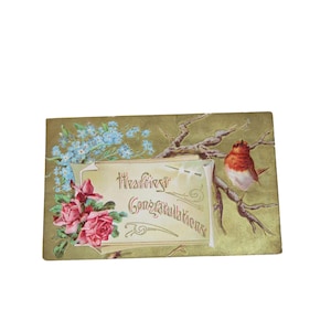 Carte postale vintage de roses d'oiseau de félicitations les plus chaleureuses de 1910 93421