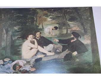 May include: A painting depicting a group of people in a forest setting. A nude woman sits on the ground, while two men sit behind her. A woman in a white dress is visible in the background, looking down at the group.